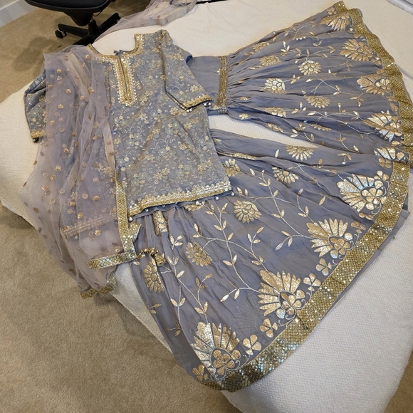 Salwar Kameez Dresses & Skirts - Gray and Gold Floral Embroidered Kurta Gharara with Dupatta - L/XL